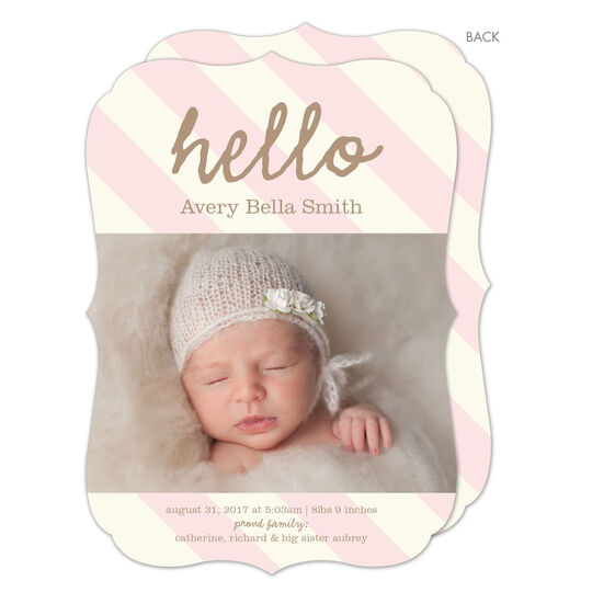 Light Pink Stripe Hello Photo Birth Announcements